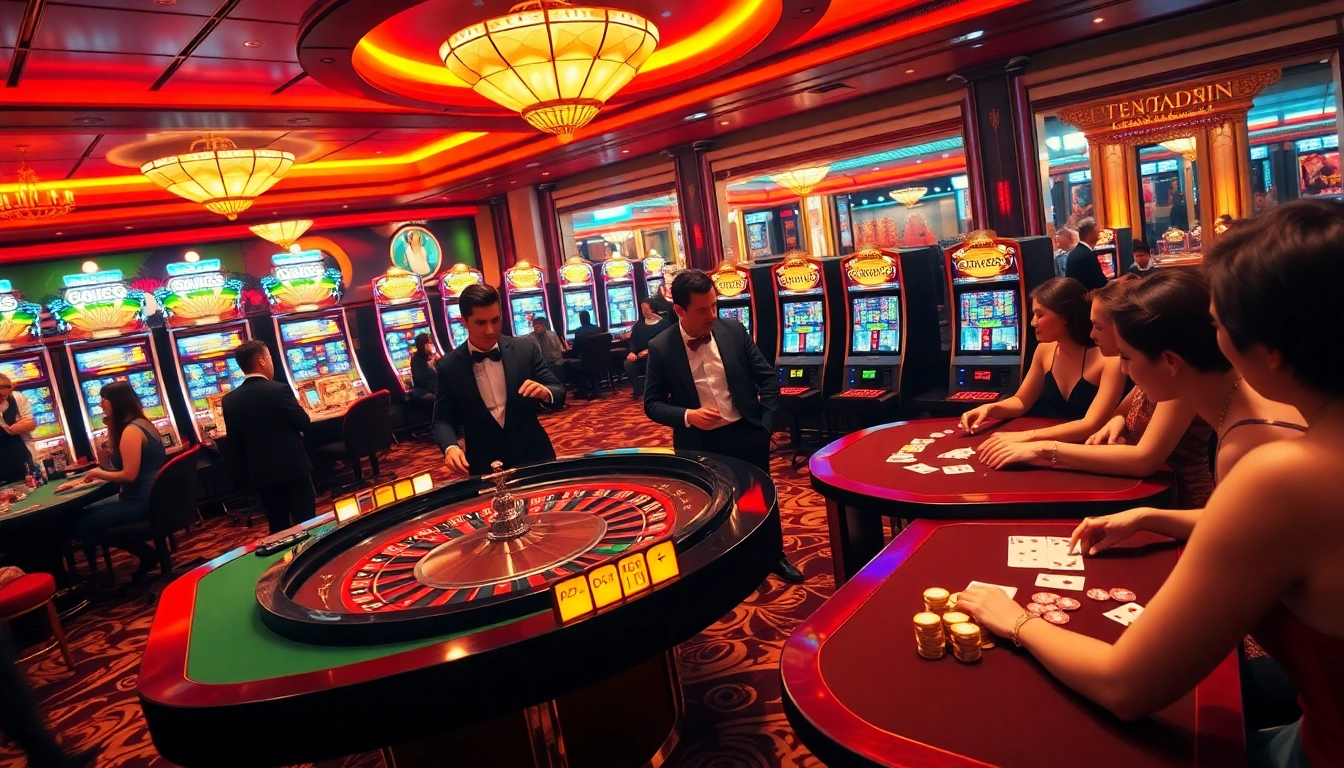 Experience the excitement of gambling at https://11bet.ac/ with players at a roulette table and vibrant slot machines.